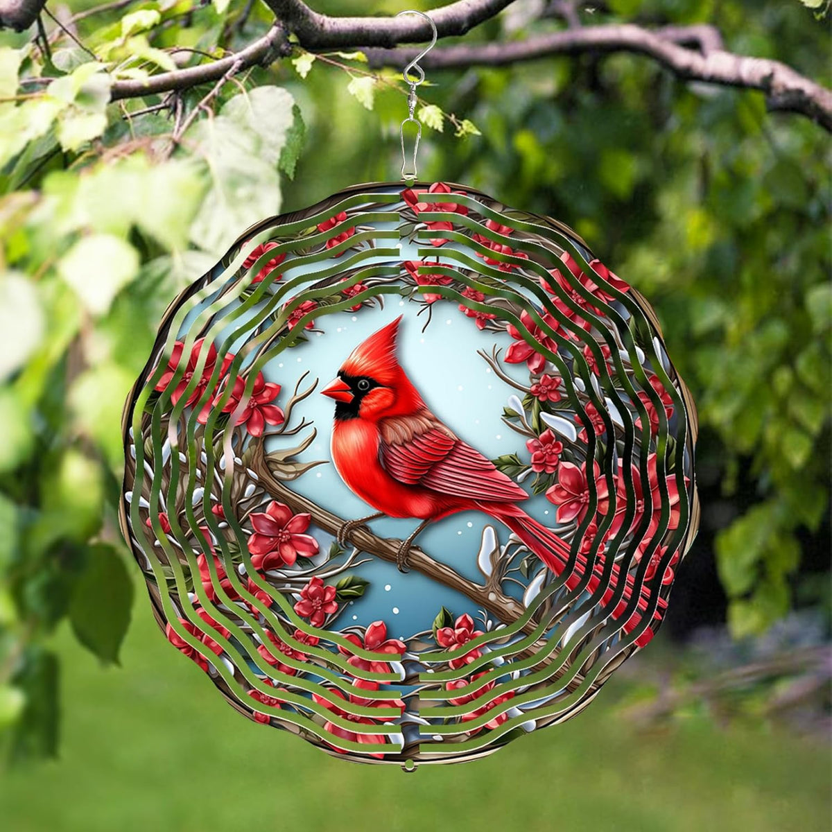3D Red Cardinal Wind Spinner 10 Inch Stainless Steel Bird Wind Sculpture Kinetic Art Hanging