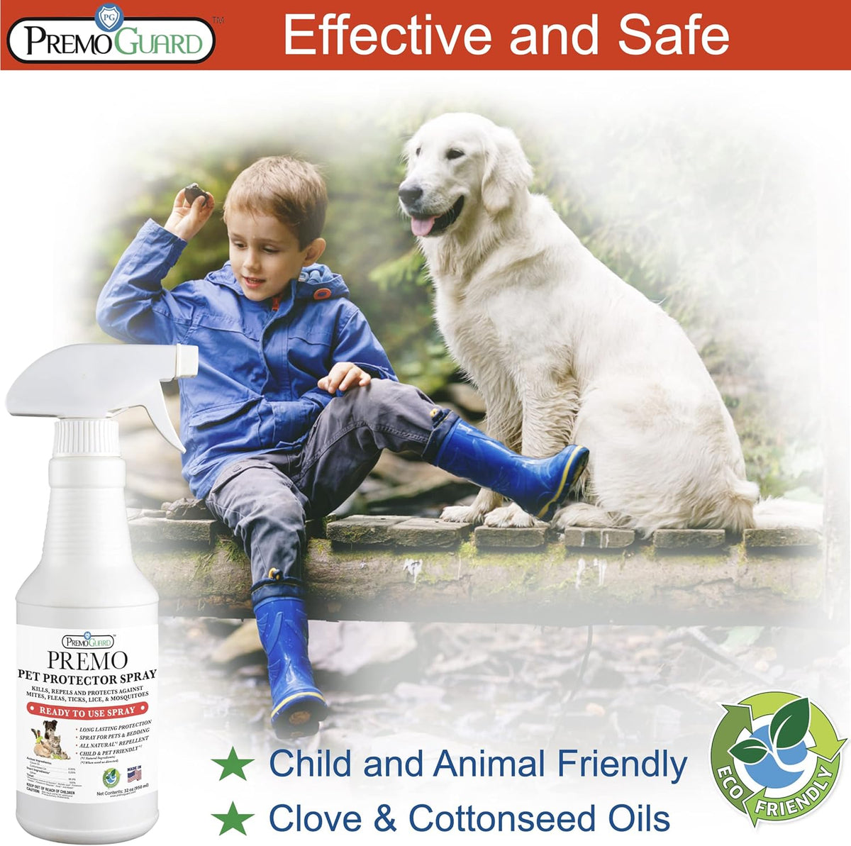 Premo Guard Pet Protector Spray - 32 oz - Kills Mites, Fleas, Ticks, & Mosquitoes - for Dogs, Cats