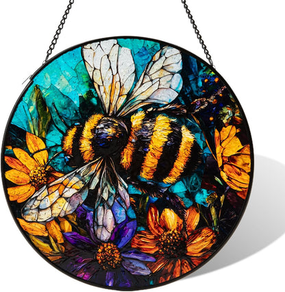 Stained Glass Window Hanging, Bee Yellow Flower Suncatcher for Doors Home Sun Catchers Decoration