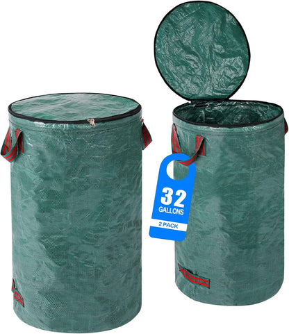 2 Pack 32 Gallons Reusable Yard Waste Bags with Zipper Lid Garden Waste Bags with 4 Handles Outdoor