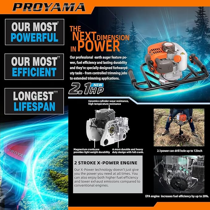 PROYAMA 54cc Post Hole Digger Gas Powered 2 Cycle Earth Auger, 5-Year Warranty Gear Box, 4 Drill