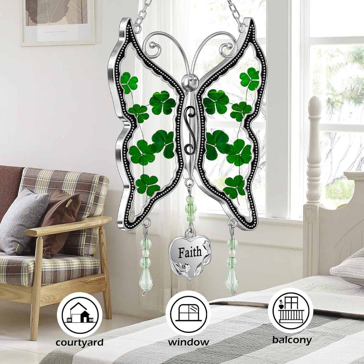 KY&BOSAM Shamrock Butterfly Suncatcher Faith Stained Glass Irish Suncatchers for Windows Hangings