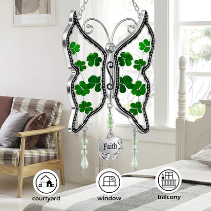 KY&BOSAM Shamrock Butterfly Suncatcher Faith Stained Glass Irish Suncatchers for Windows Hangings