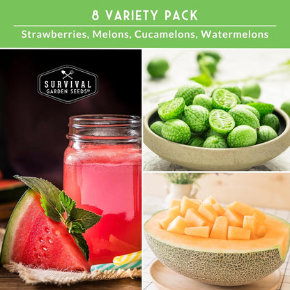 Fruit Seeds for Planting - 8 Variety Pack | Watermelon, Cantaloupe, Melon, Strawberry, Cucamelon
