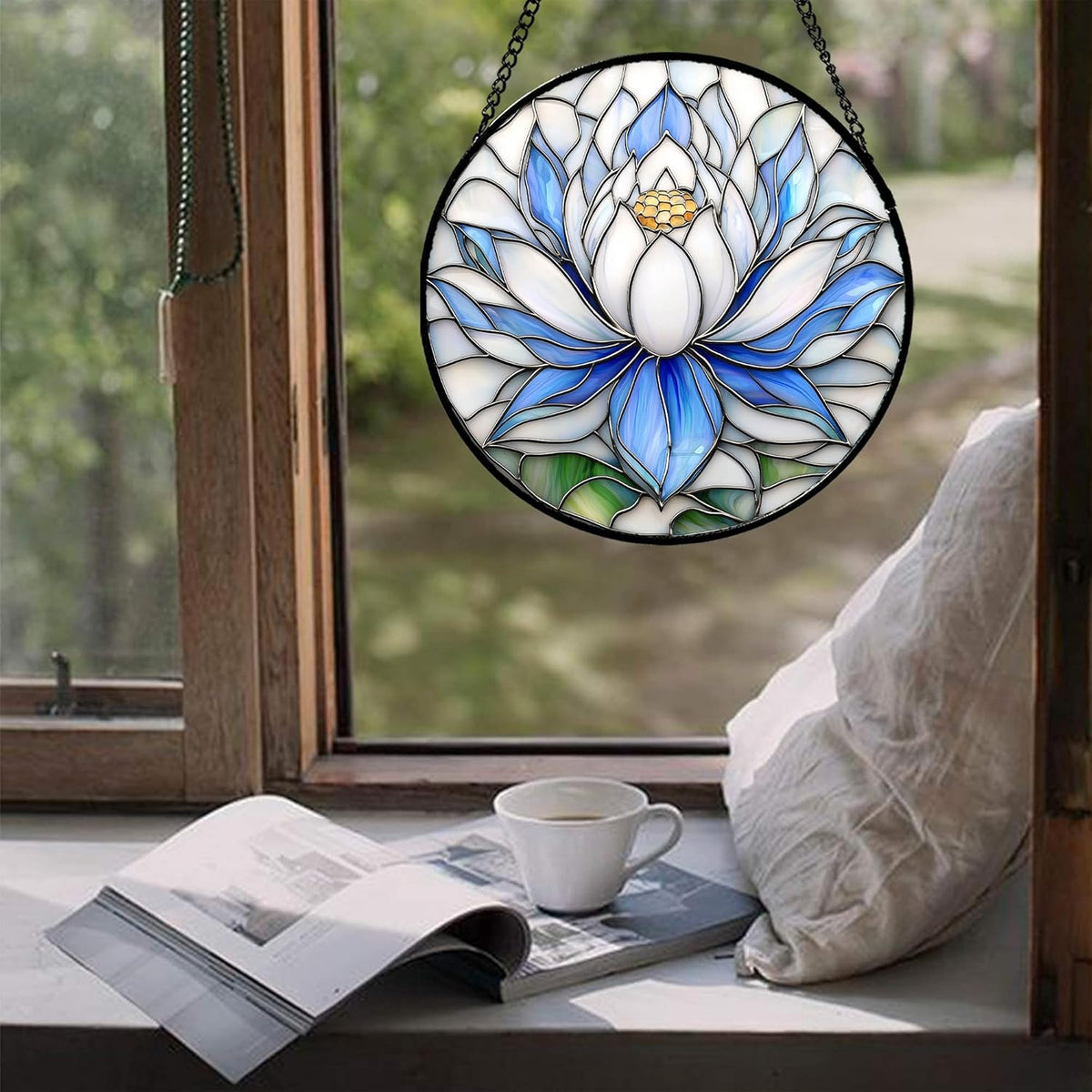 Stained Glass Window Hanging - Blue and White Lotus Petal Suncatcher for Doors Window Home Sun