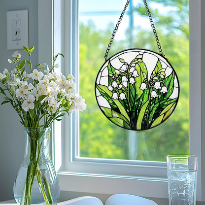 Stained Glass Window Hanging, Lily of The Valley Flower Diamond Glass Panel Suncatcher Green Plant