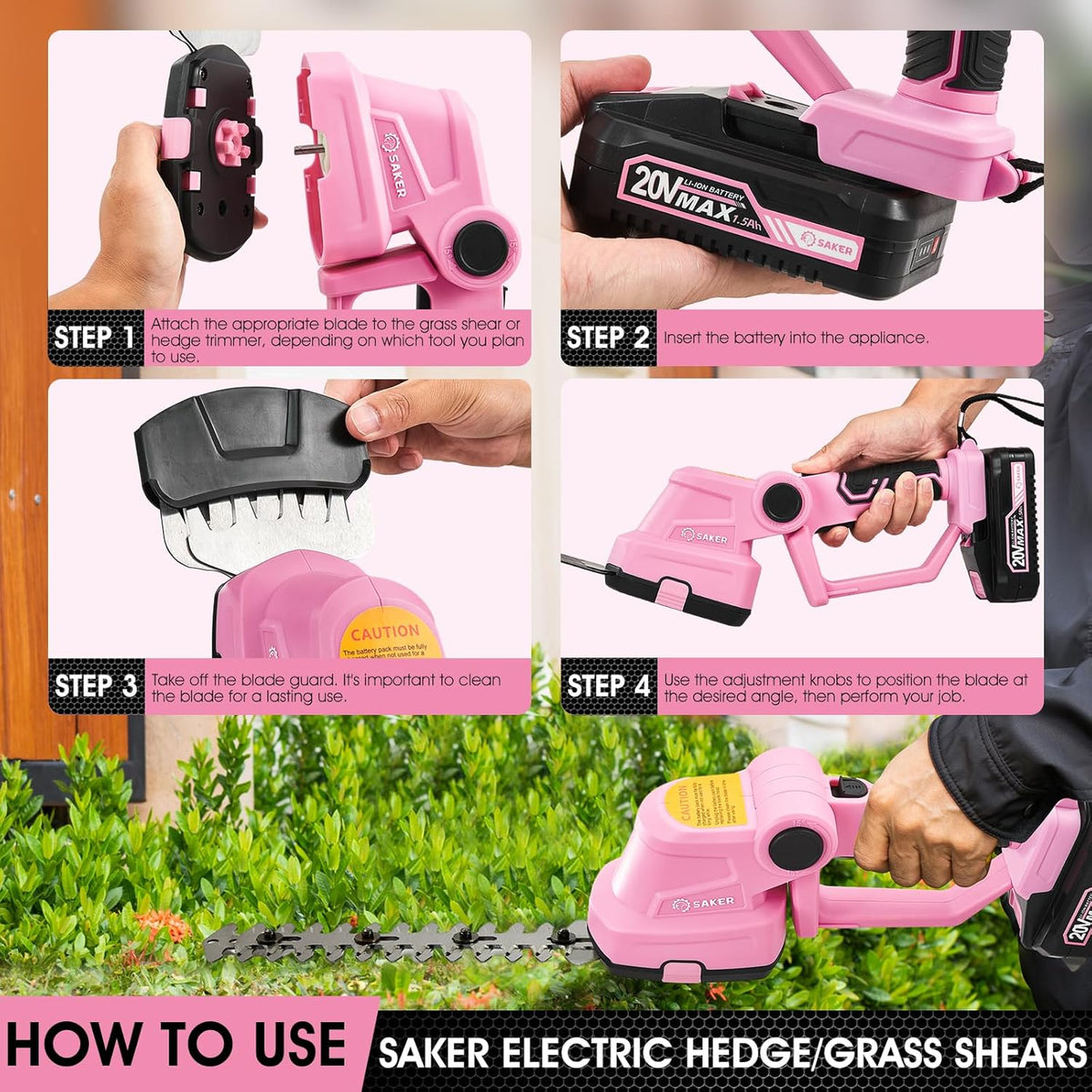 Saker Cordless Hedge Trimmer-20V Electric Shrub Trimmer Grass Shears Handheld Grass Cutter, Hedge