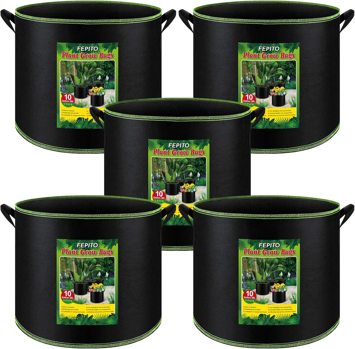 FEPITO 5 Pack 10 Gallon Grow Bags Heavy Duty Aeration Fabric Pots Plant Grow Bags with Handles
