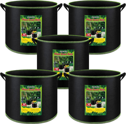 FEPITO 5 Pack 10 Gallon Grow Bags Heavy Duty Aeration Fabric Pots Plant Grow Bags with Handles