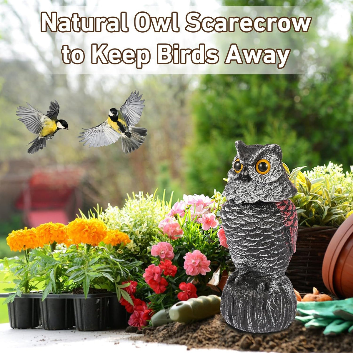 Owl Decoys to Scare Birds Away, 2 Pack BobbleHead Fake Owls Plastic Scarecrow Bird Deterrent