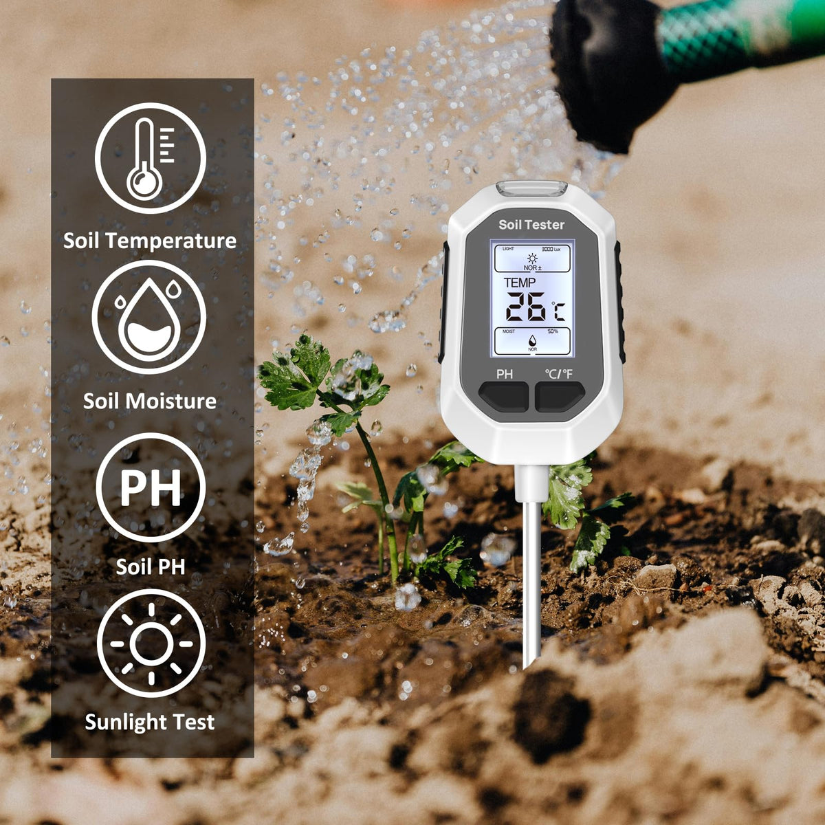 YAMRON 4-in-1 Soil Moisture Meter Digital Plant Temperature/Soil Moisture/pH Meter/Sunlight