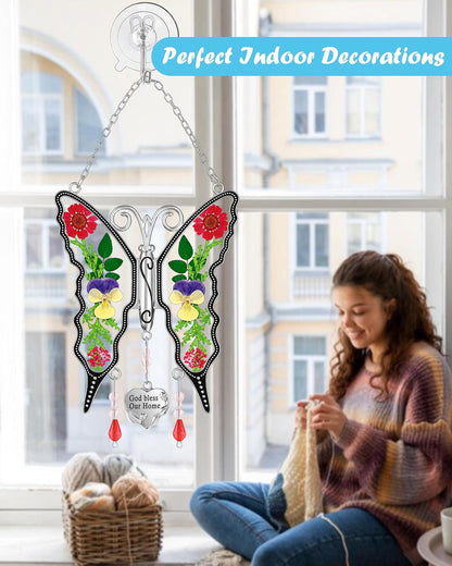 KY&BOSAM Butterfly Suncatcher God Bless Our Home Ornaments Stain Glass Sun Catchers for Windows