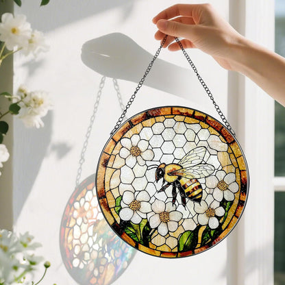 Bee Wildflowers Stained Glass Suncatcher, Stained Glass Window Hanging, 8 Inch Honey Bee