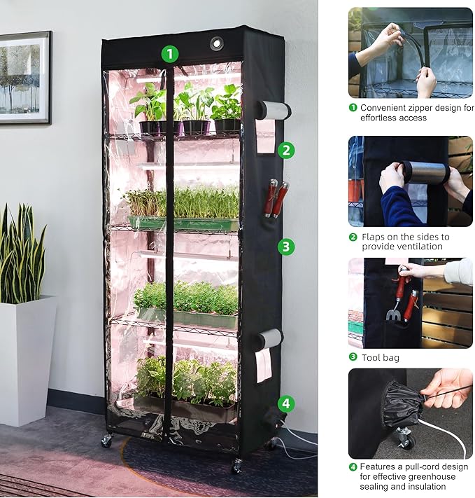 WORTH Mini Greenhouse with LED Grow Lights & Digital Thermo-Hygrometer – Portable Indoor Plant Grow