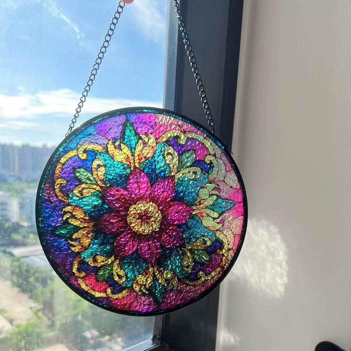 Bohemian Mandala Stained Glass Window Hanging Sun Catcher Indoor Outdoor Home Garden Panel Hangings