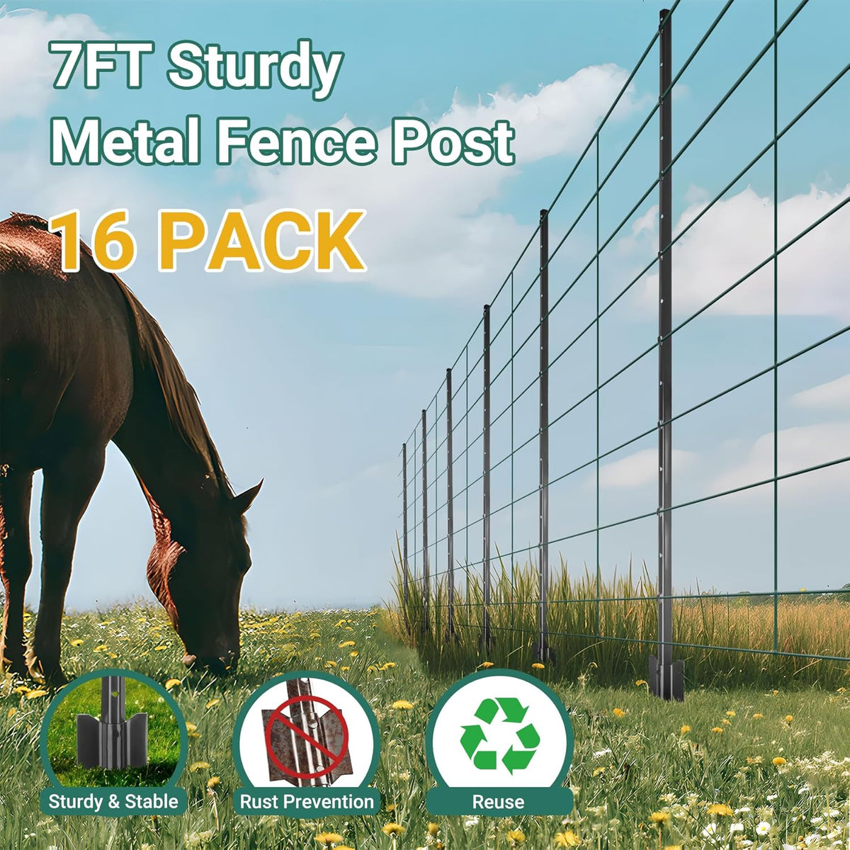 Fence Posts 7 Ft - 16 Pack, Requires Manual Assembly, Heavy Duty Metal Fence Post, No Dig U Post