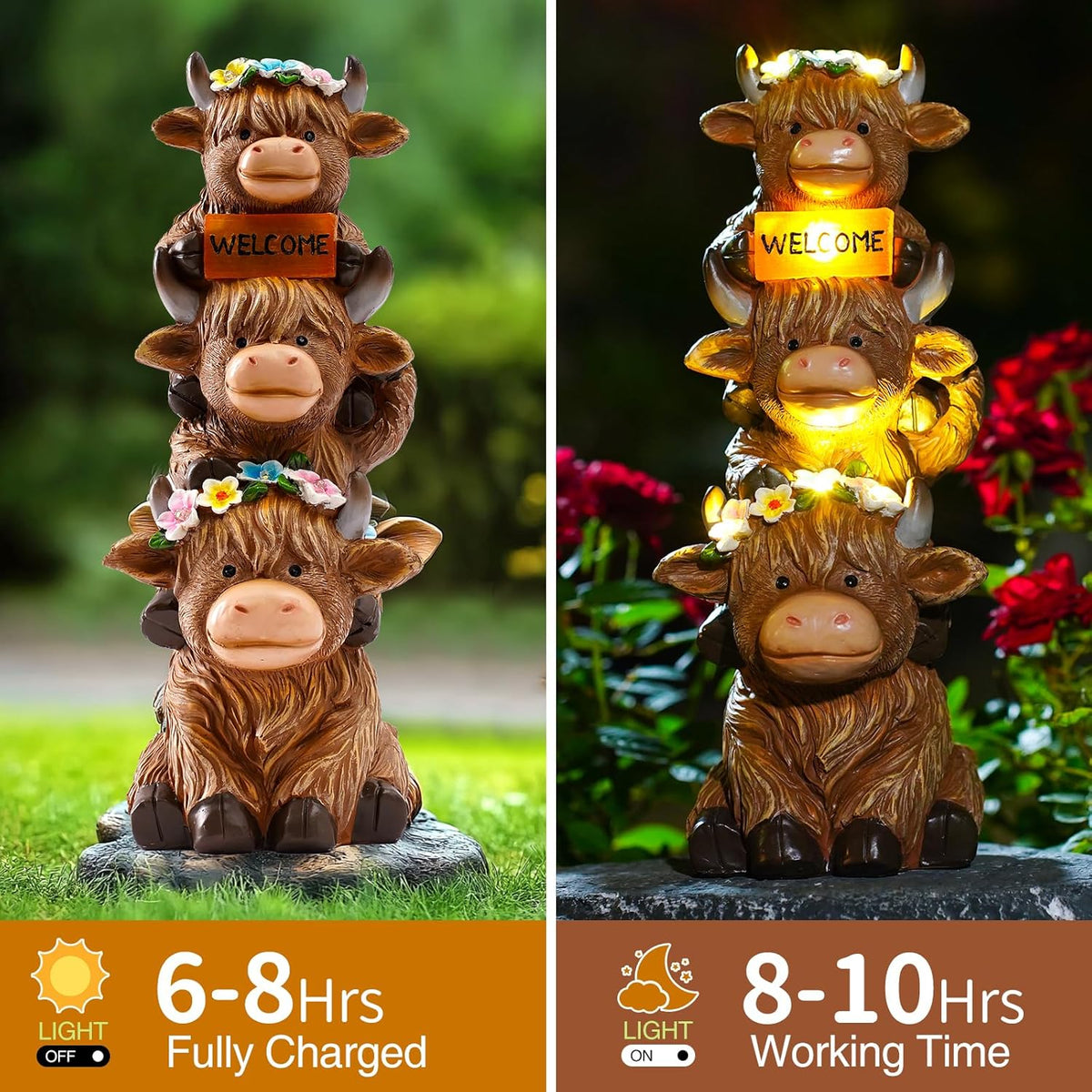 16 in Large Garden Highland Cow Statue Solar Garden Sculptures & Statues with Flower Decoration