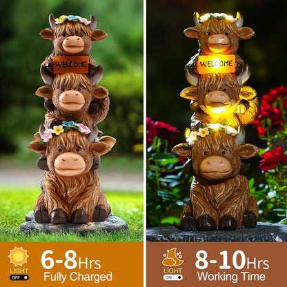 16 in Large Garden Highland Cow Statue Solar Garden Sculptures & Statues with Flower Decoration