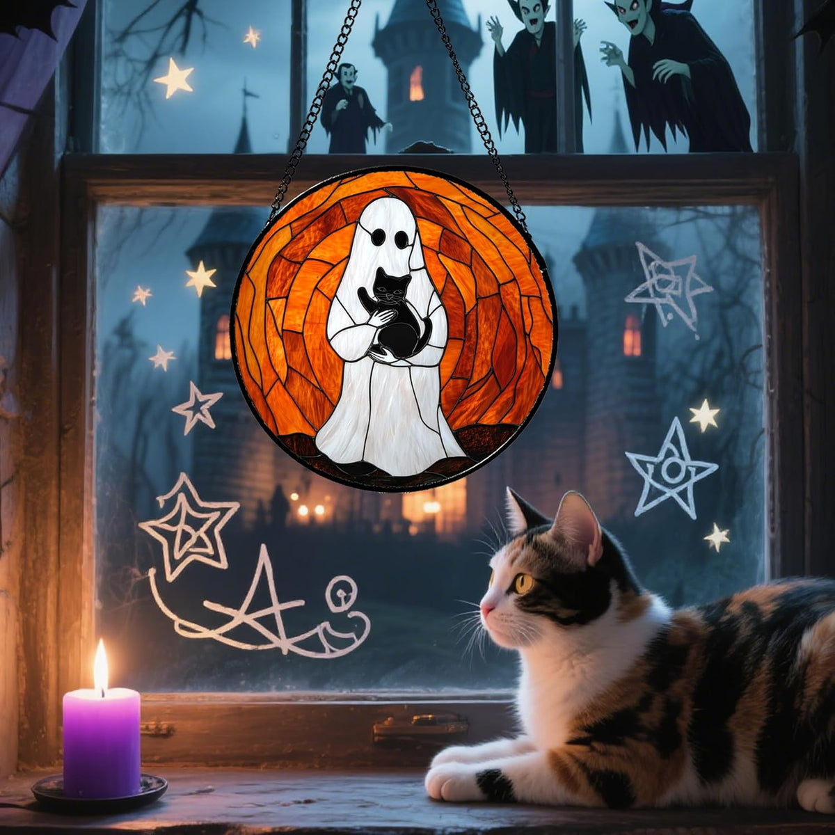 Stained Glass Window Hanging - Halloween Cute White Ghost Black Cat Suncatcher for Doors Garden