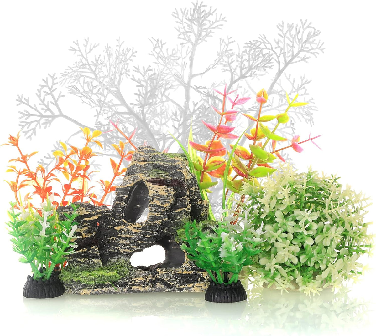 JIH Aquarium Fish Tank White Plastic Plants and Cave Rock Decorations Decor Set 7 Pieces, Small and