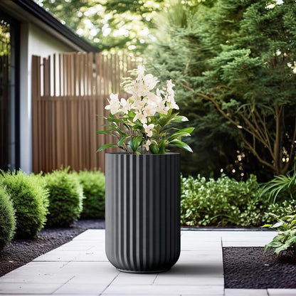 Kante Tall Fulted Planter, 21.7 Inch Tall Round Concrete Plant Pots with Drainage Hole and Rubber