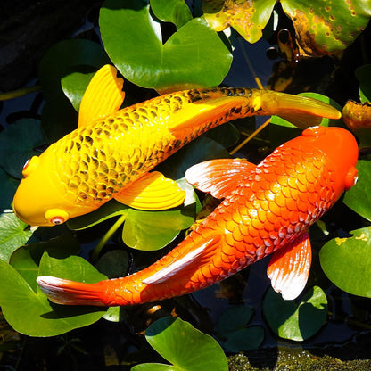 Set of 2 Koi Fish Garden Stakes, Red & Gold Resin Sculptures, Weatherproof Outdoor Patio Pond