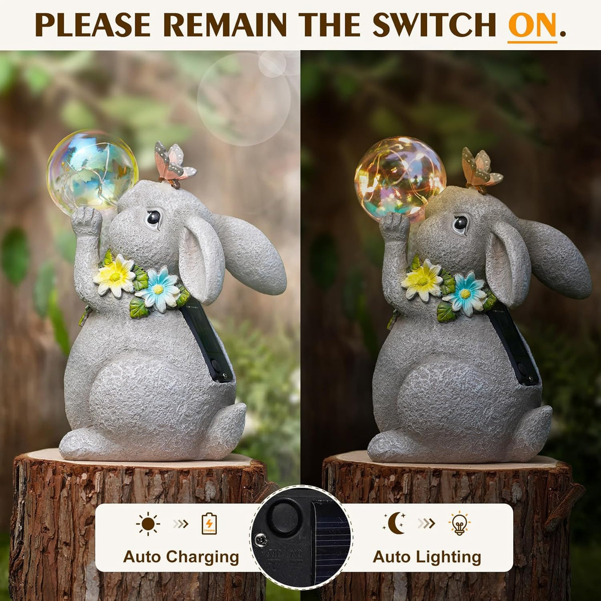 MININOVA Solar Garden Decor Lights Rabbit Statue with Bubble Ball Waterproof Decorations Cute Bunny