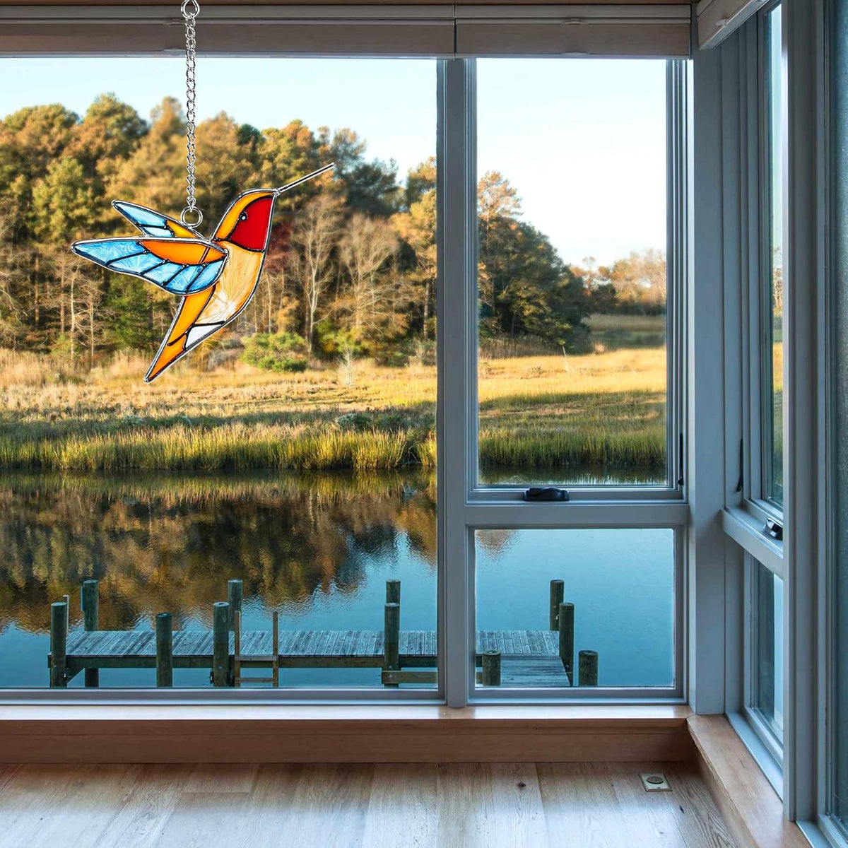 Handmade Stained Glass Hummingbird Hanging Ornament - Colorful 4.3x4.9 Inch Window/Garden Decor for