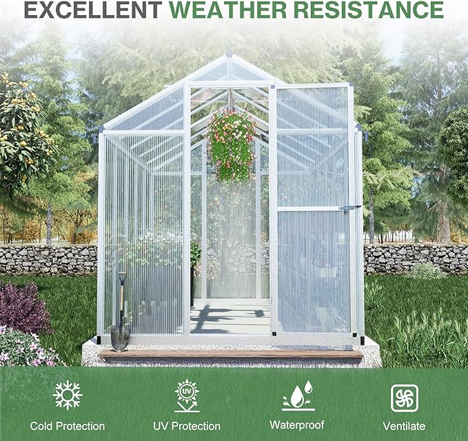 Aoodor 6 x 10 Ft Walk-in Greenhouse with Gutter, Polycarbonate and Heavy-Duty Aluminum Frame