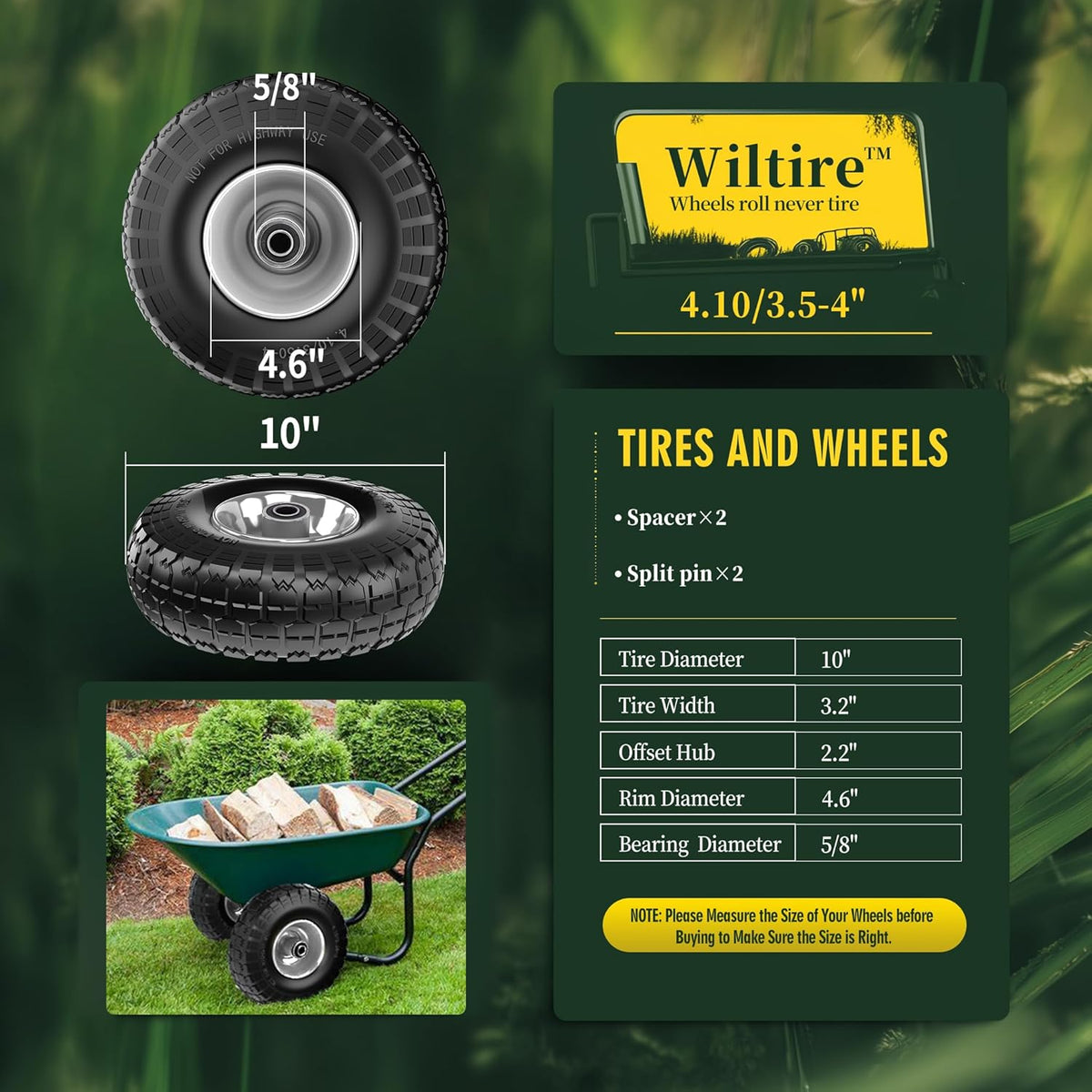 (2 Pack) 4.10/3.50-4 Flat Free Tire and Wheel 10-Inch Solid Wheel Replacement with 5/8