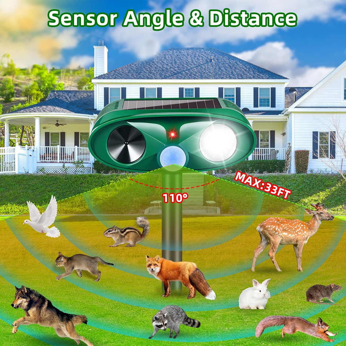 4 Pack Solar Ultrasonic Animal Repellent Outdoor Squirrel Raccoon Fortress Pro,Cat Deer Repellent