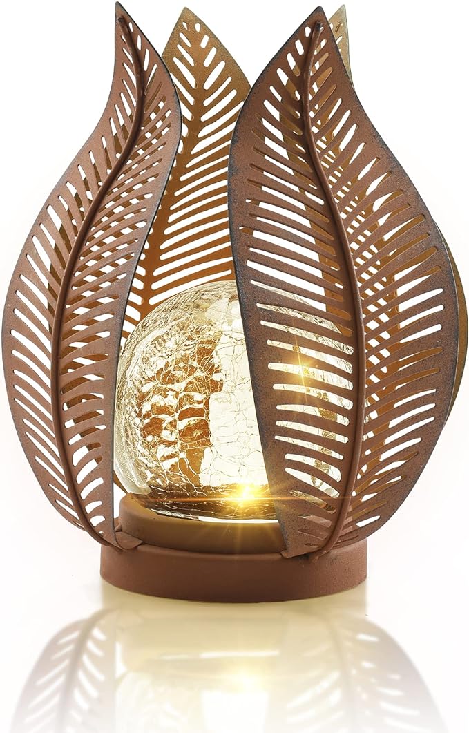 Solar Outdoor Lights Garden Decor Waterproof Crackle Glass Globe,Metal Yard Art Outdoor Solar