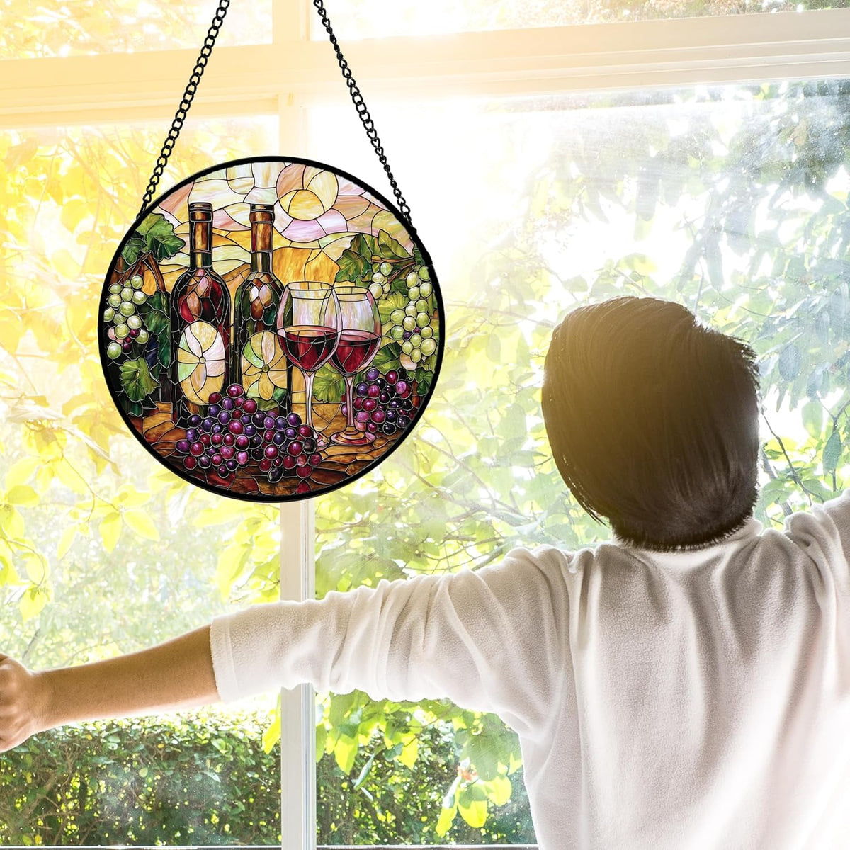 Stained Glass Window Hanging, Grapes and Wine Suncatcher Diamond Glass Panel Hangings Sun Catchers
