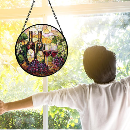 Stained Glass Window Hanging, Grapes and Wine Suncatcher Diamond Glass Panel Hangings Sun Catchers