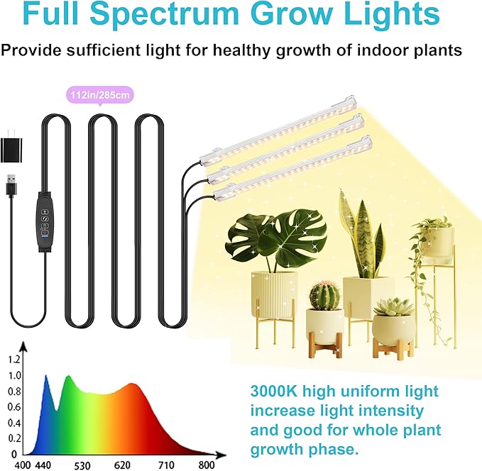 LED Grow Light Strips, Grow Lamps for Indoor Plants Full Spectrum 3000K, 72 LEDs Plant Light with