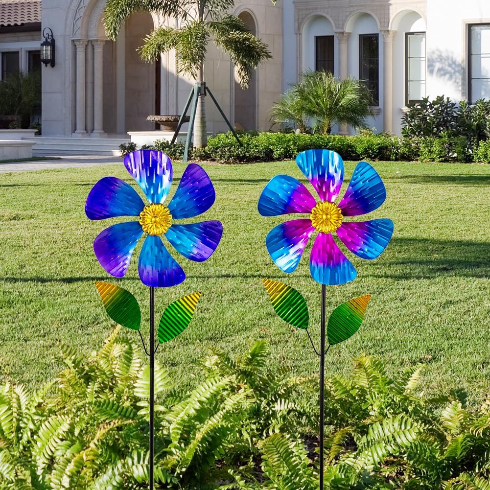 Viveta 2 Pack Garden Wind Spinners, 35.4 "Flower Metal Windmill,Pink and Blue Wind