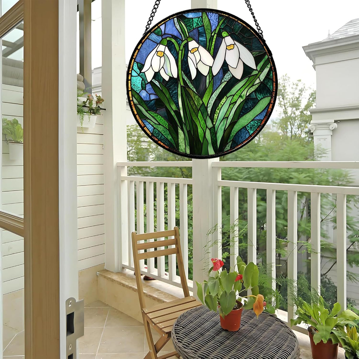 Stained Glass Window Hanging - Green Plants Birth Flowers Suncatcher for Doors Garden Patio Sun