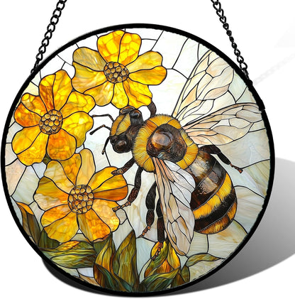 Stained Glass Window Hanging - Yellow Bees Gathering Flowers Sun Catcher for Door Garden Home Decor