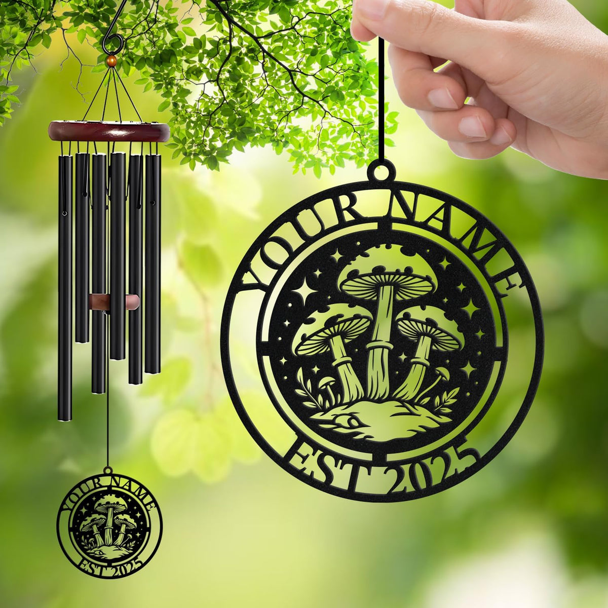 Personalized Customize Name Fantasy Mushroom Wonderland Wind Chime, Metal Iron 37 Inch Outdoor