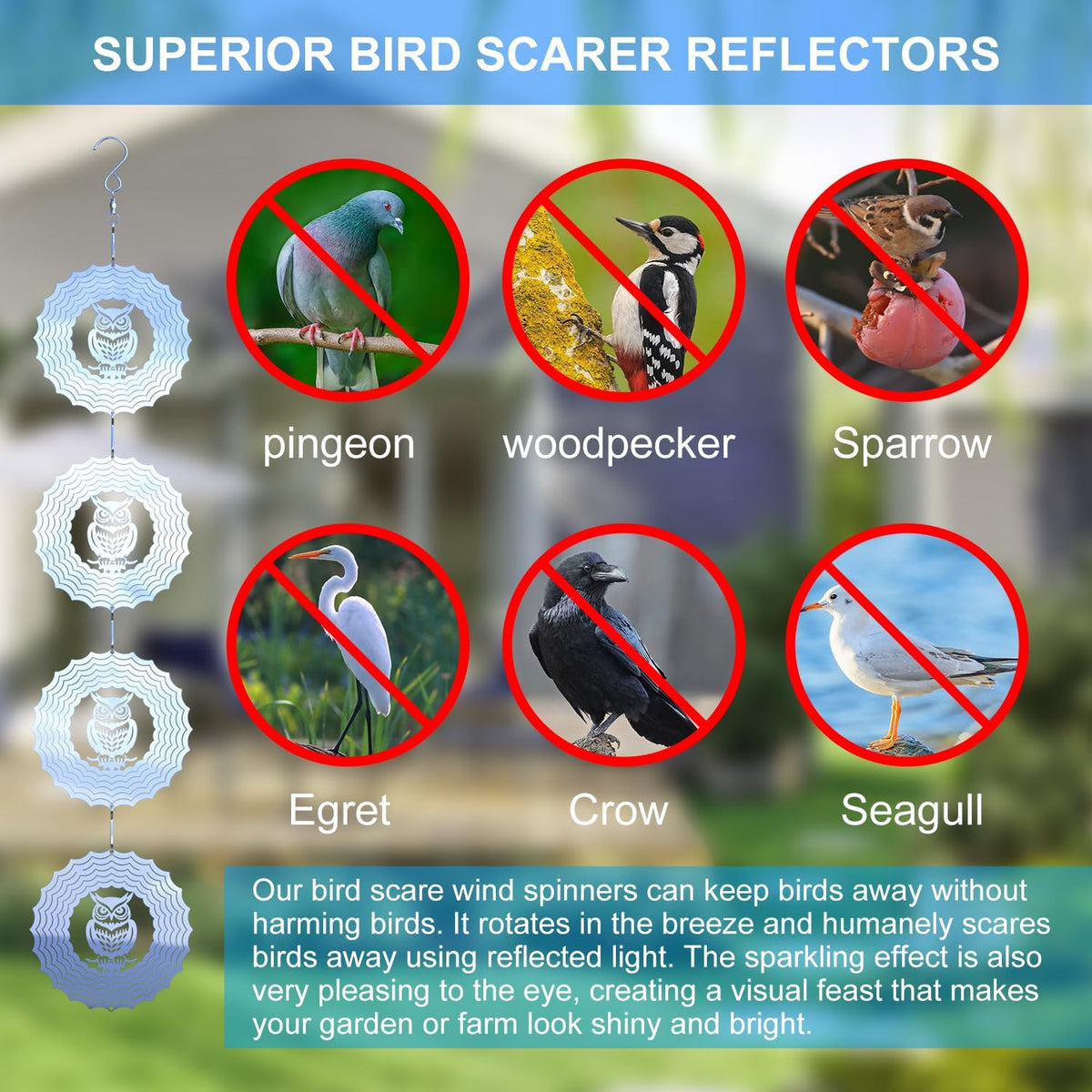 Bird Deterrents for Outside Owl Bird Scare Discs 3D Shiny Helix Wind Spinners, Reflective Bird