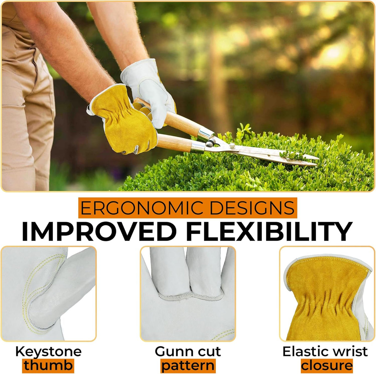 HANDLANDY Men Leather Gardening Gloves, Utility Work Gloves for Mechanics, Construction, Driver