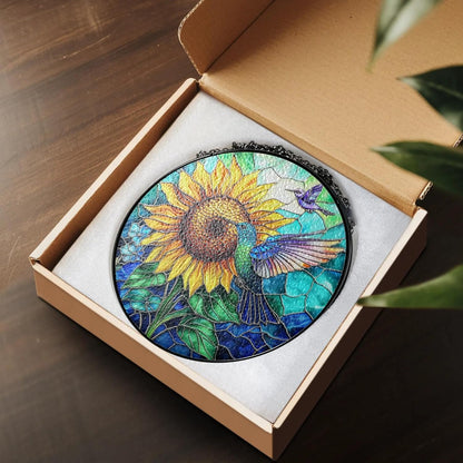Hummingbird Stained Glass Suncatcher – Sunflower Window Decor, Memorial Hanging Ornament, Bird