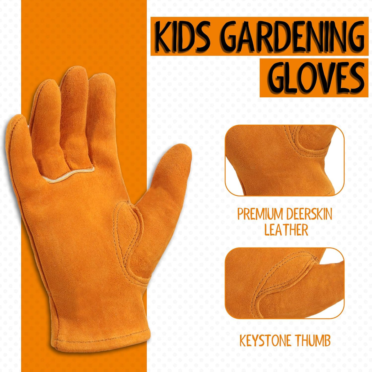 HANDLANDY 2 Pairs Kids Genuine Leather Work Gloves for ages 3-11, Children Gardening Gloves for