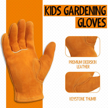 HANDLANDY 2 Pairs Kids Genuine Leather Work Gloves for ages 3-11, Children Gardening Gloves for