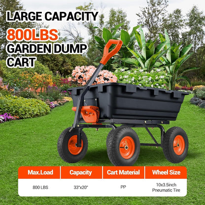 800Lb Heavy-Duty Poly Dump Garden Cart with Steel Frame, Utility Wagon with 10" Tires & Quick-Tilt