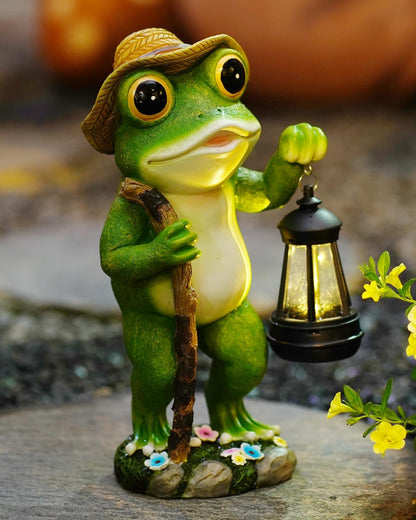 Solar Frog Garden Decor with Lantern Outdoor Statue for Patio Pathway Frog Figurine for Yard