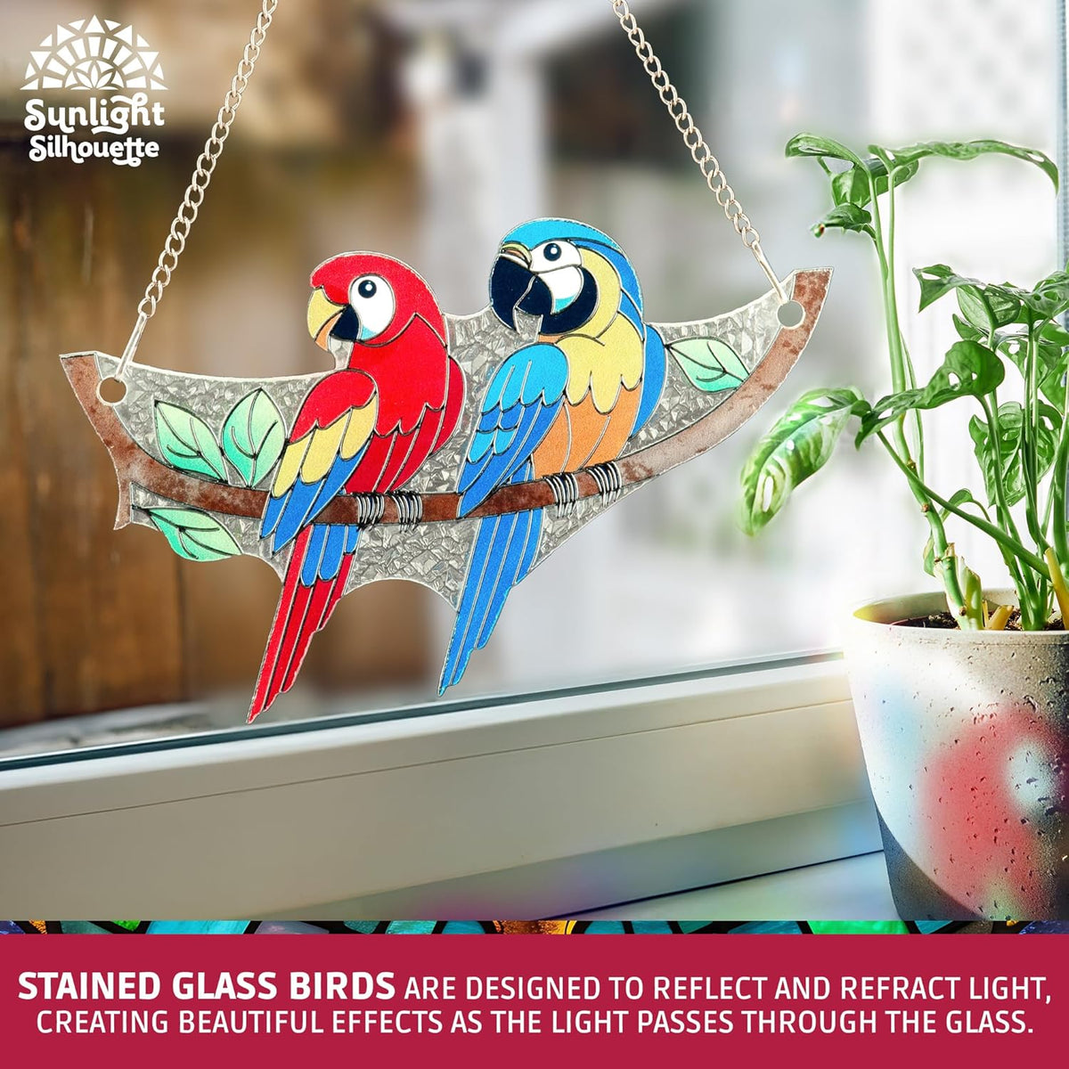 Macaw Bird Stained Glass Suncatcher on Branch 6.4" x 4" Indoor Window Decoration, Ideal Gift for