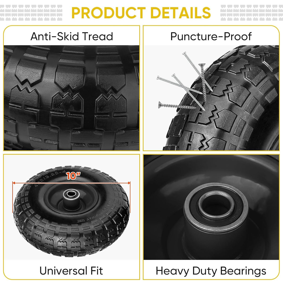 TICONN 10" Solid Tires, 4 Pack Flat Free 4.10/3.50-4'' Wheels with 5/8” Axle Bore Hole and Double