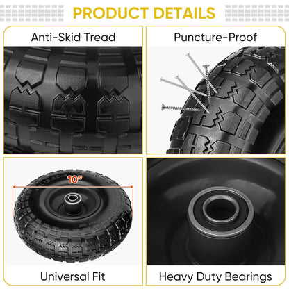 TICONN 10" Solid Tires, 4 Pack Flat Free 4.10/3.50-4'' Wheels with 5/8” Axle Bore Hole and Double