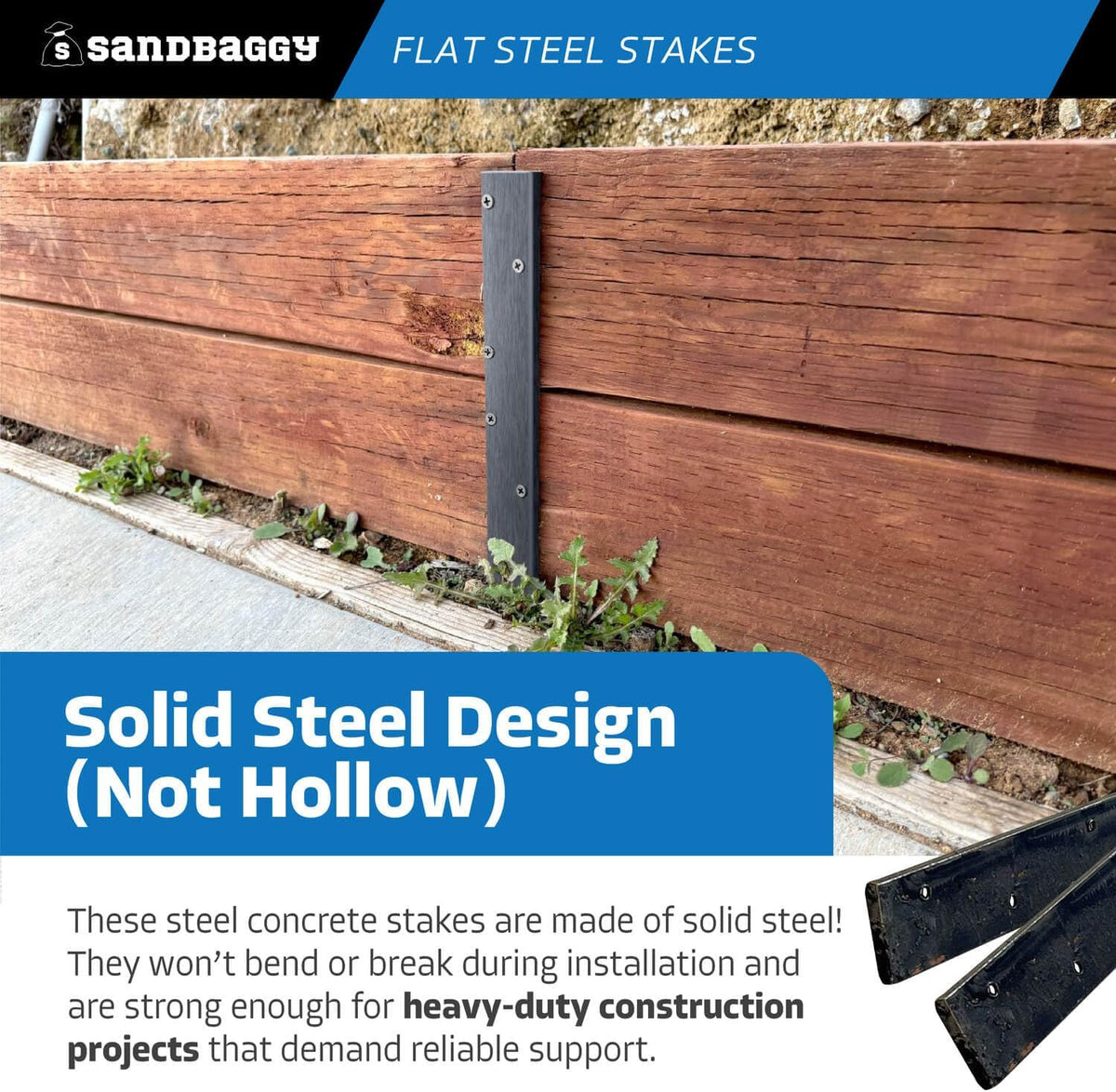 Sandbaggy Flat Steel Stakes for Concrete Forms with Nail Holes - 1.5" Wide - Painted - Removable